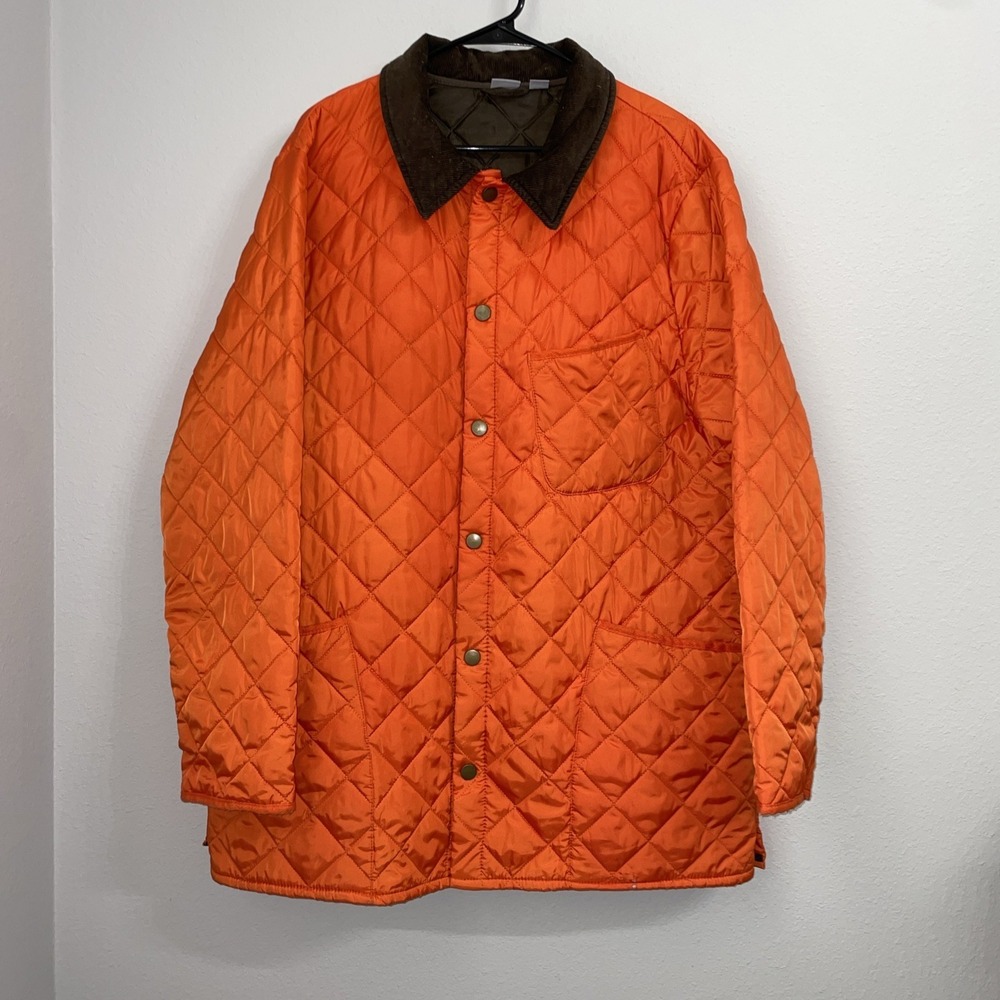 JCP Barn Jacket Mens XL Orange Quilted Coat Corduroy Collar Workwear Utility